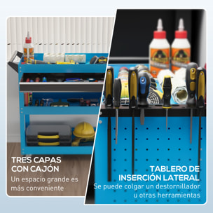 Carro de Taller, Carro de Herramientas con 3 Bandejas, Cajón, Panel Lateral Perforado, Asa Lateral, Ruedas con Frenos, para Garaje Mecánico, Hogar, Azul