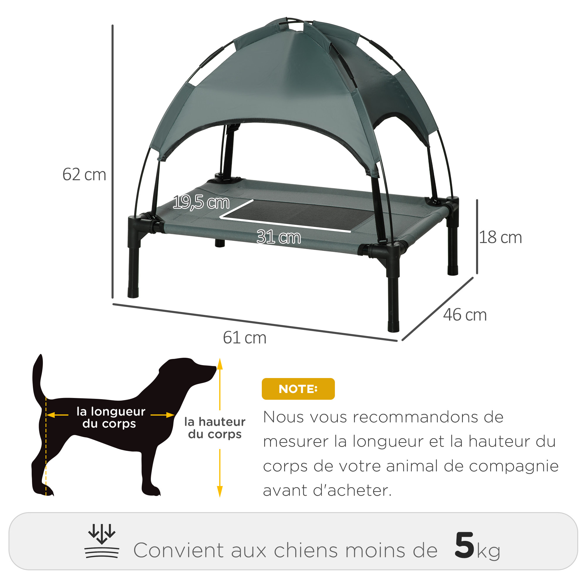 Lit pour chien chat sur pieds + parasol + sac de transport