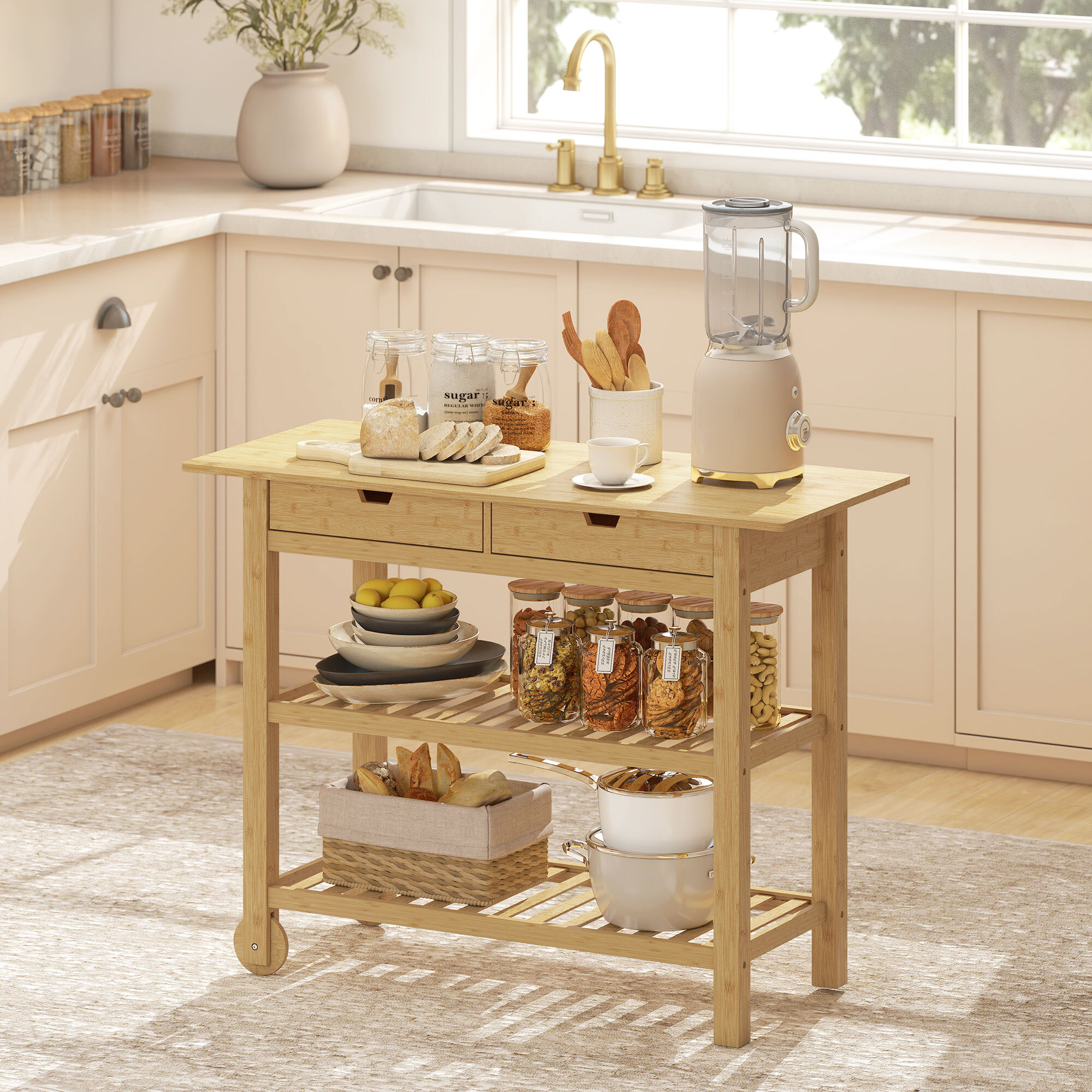 Carrito Auxiliar con Ruedas de Bambú, Carro de Servicio con 2 Cajones, 2 Estantes de Listones, 2 Ruedas, Carrito para Cocina, Restaurante, 100x43x75 cm, Natural