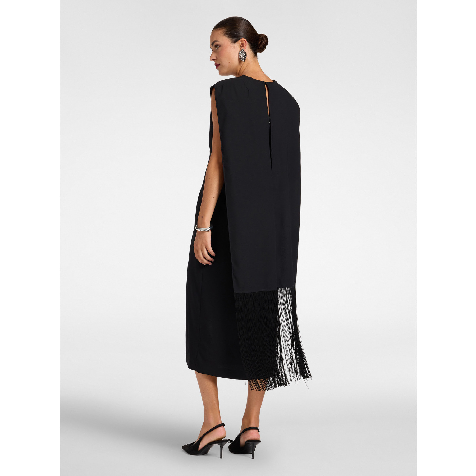 Elena Mirò - Vestido largo en enver satin con flecos - Negro