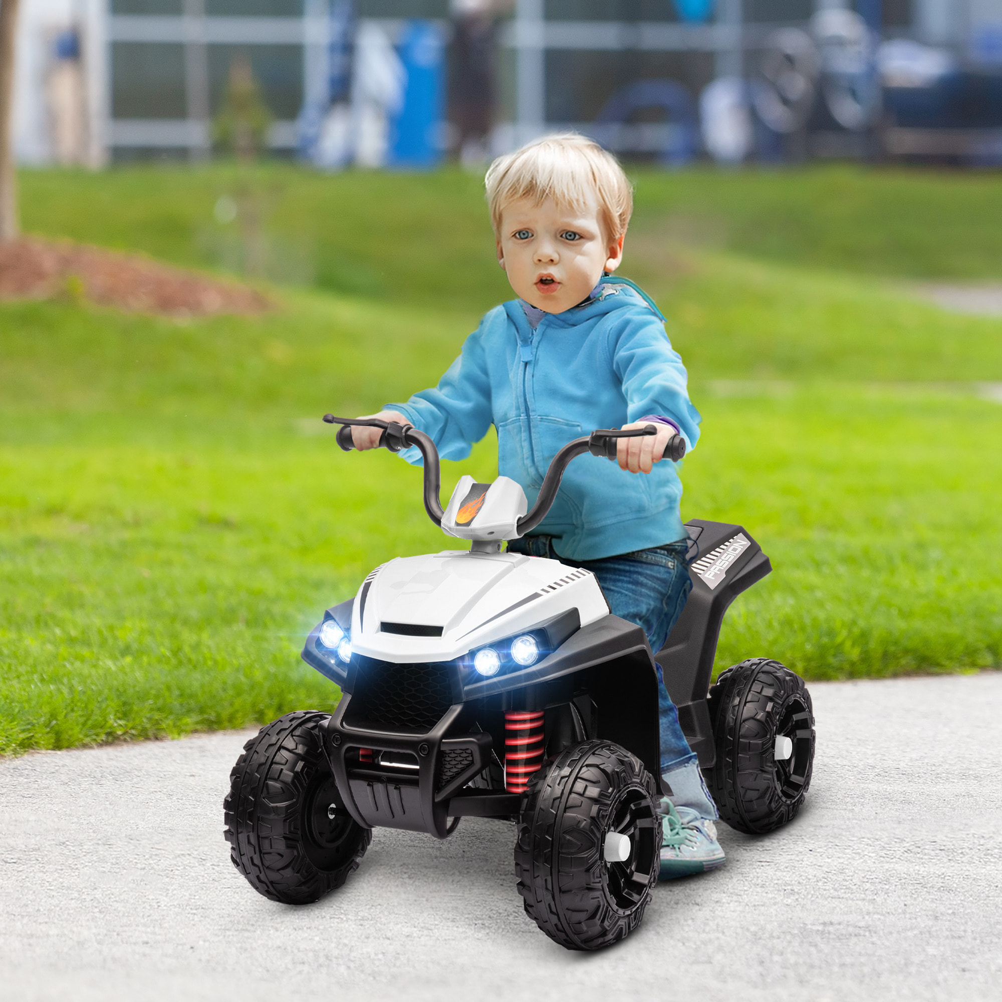 Quad Eléctrico para Niños de +3 Años Coche Eléctrico para Niños con Batería 12V Velocidad 5 km/h Faros Música MP3 Avance y Retroceso Carga 30 kg Blanco