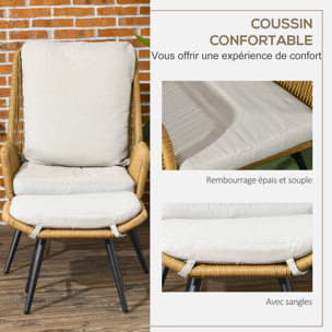 Fauteuil lounge de jardin inclinable avec repose-pied coussins inclus résine tressée aspect rotin