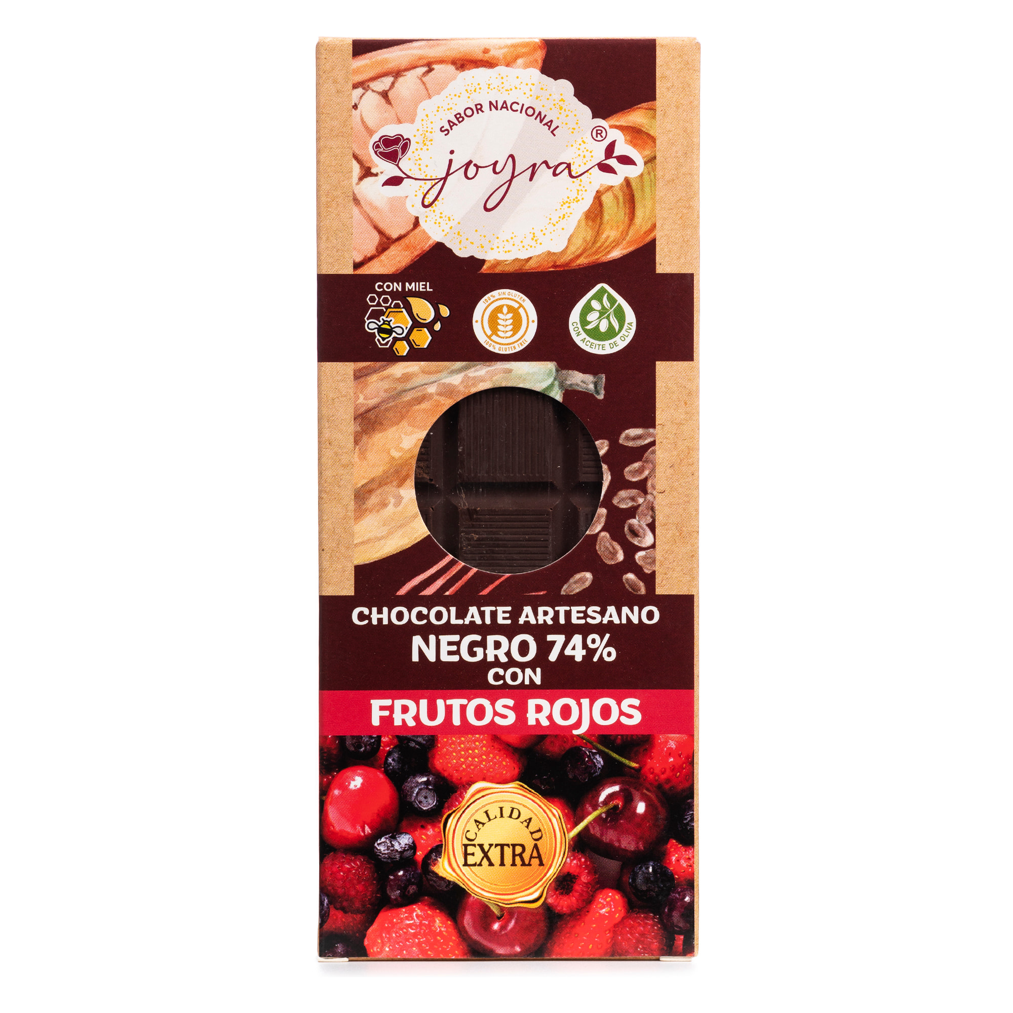 Tableta artesanal de chocolate (74% Cacao) con frutos rojos y miel, 100gr.