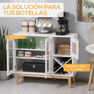 Aparador de Cocina Mueble Buffet Auxiliar con 3 Puertas de Vidrio y Botellero en Forma X para 4 Botellas para Comedor Estilo Moderno Antivuelco 90x37x75 cm Blanco