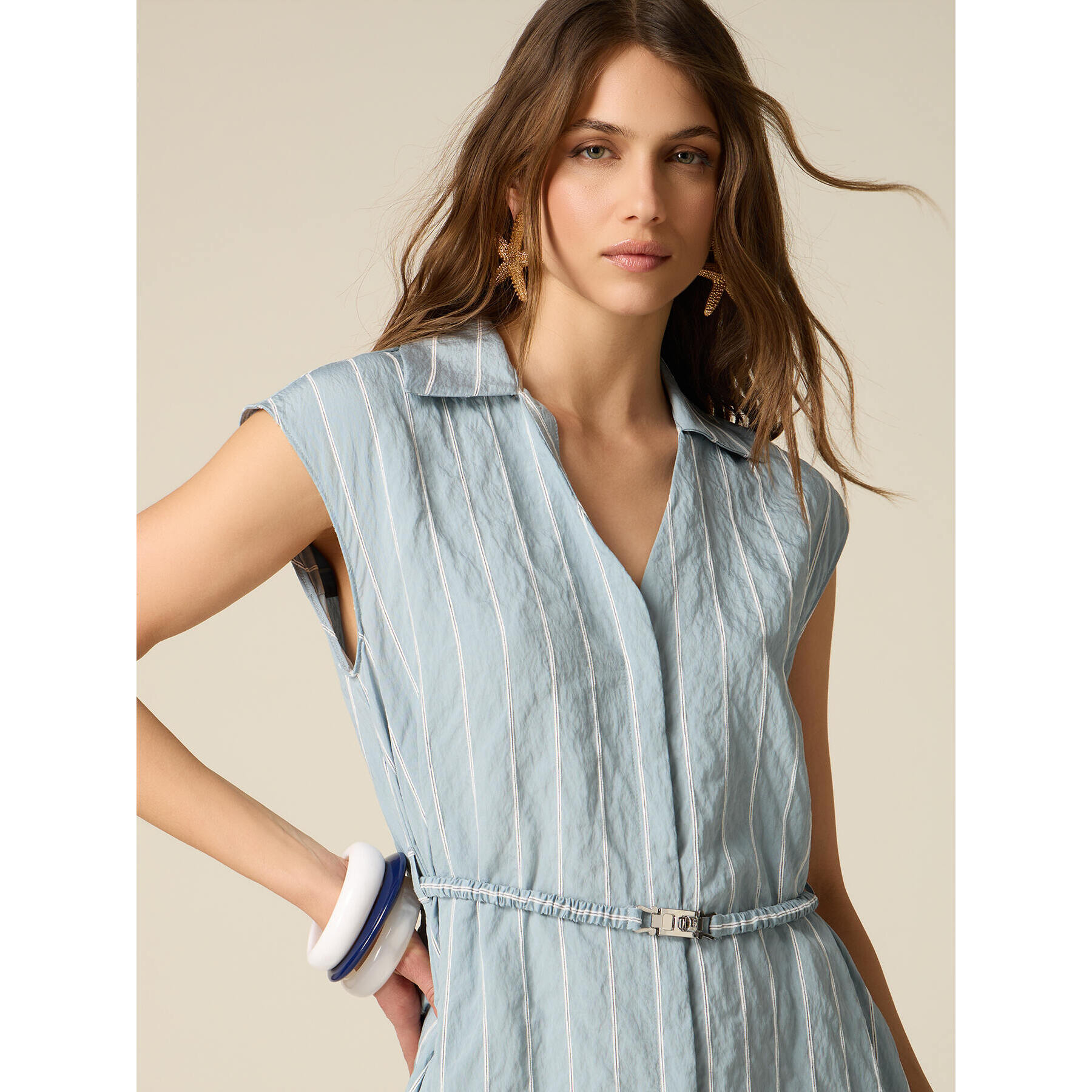 Oltre - Vestido camisero de rayas con cinturón - Light - blue