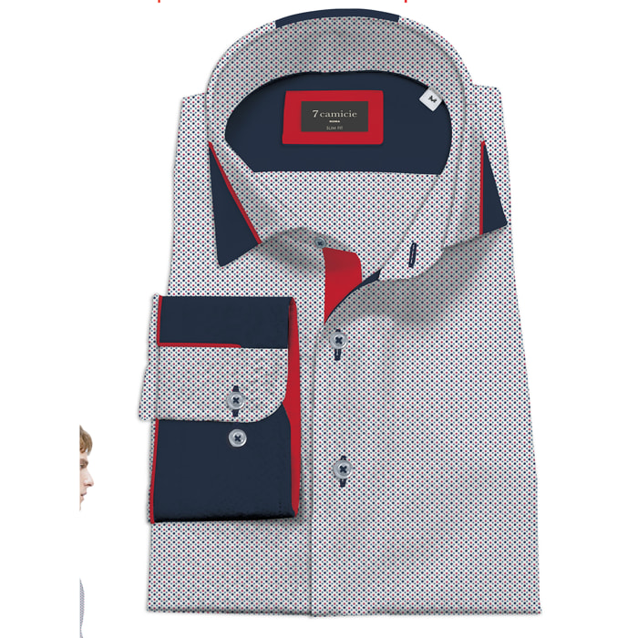 Camicia Uomo Italiano Slim Popeline Stampato Bianco e Rosso
