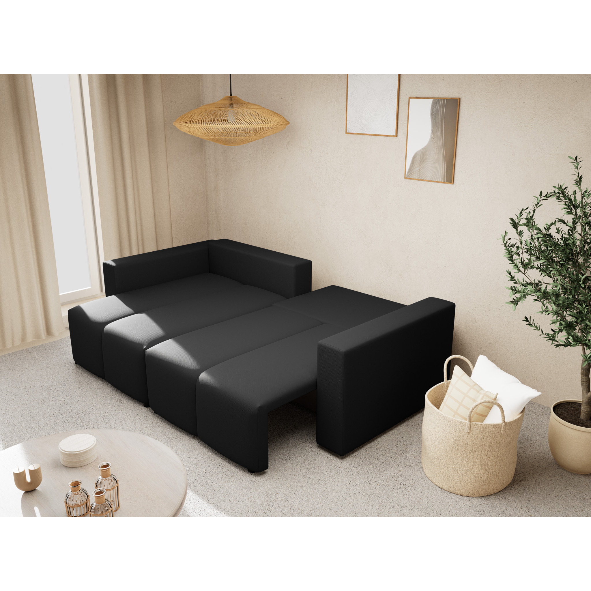 Daryl - canapé d'angle réversible 4 places convertible avec coffre en tissu texturé - Noir