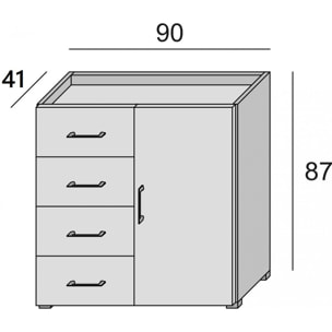 Credenza Violetta, Mobile buffet a 1 anta e 4 cassetti, Madia da soggiorno, Armadietto multiuso con ripiani, 100% Made in Italy, Cm 90x41h87, Bianco e Rovere