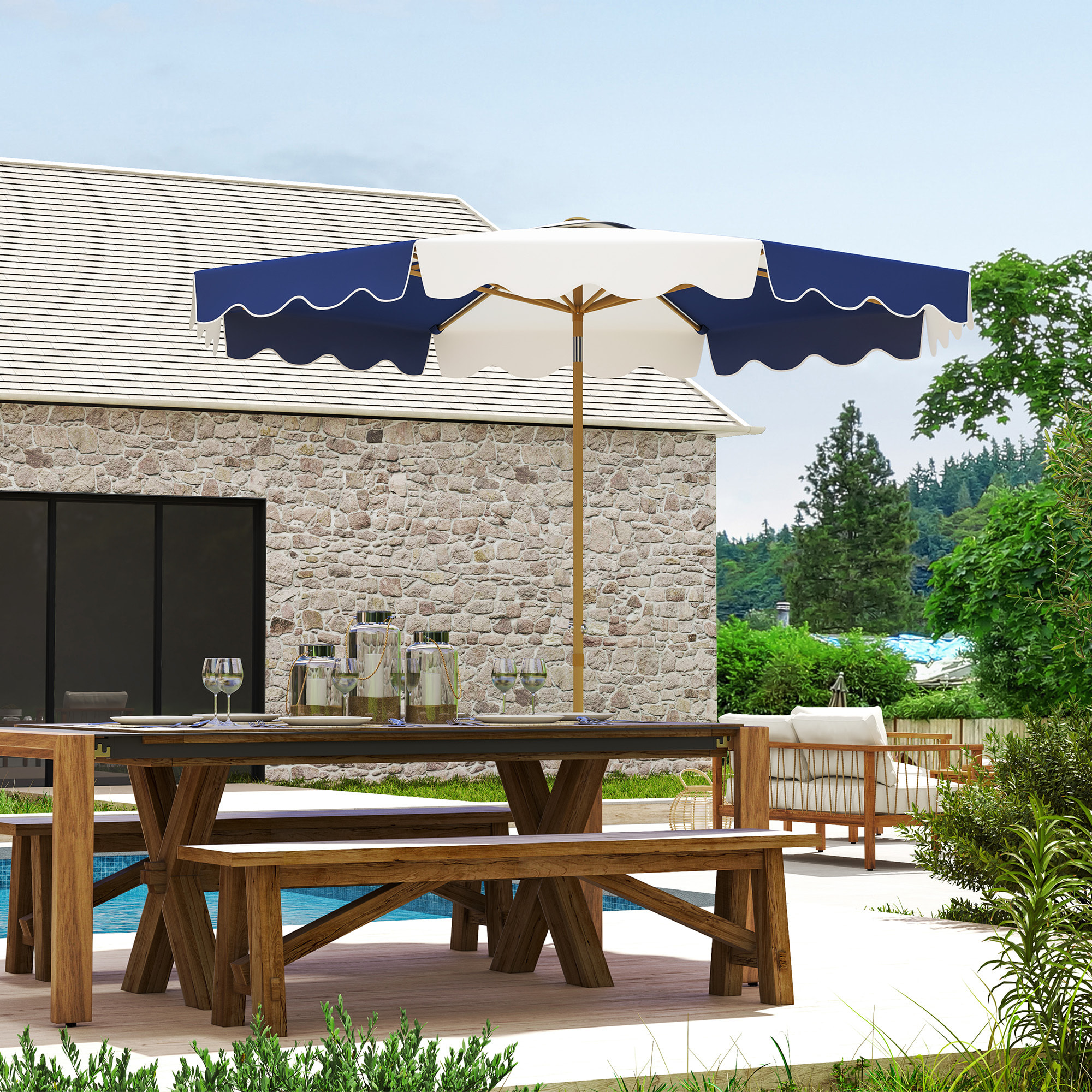Sombrilla Terraza Exterior Ø267 cm Sombrilla de Jardín con Ángulo Inclinable y Manivela Protección UV 50+ Parasol para Patio Terraza Azul y Blanco