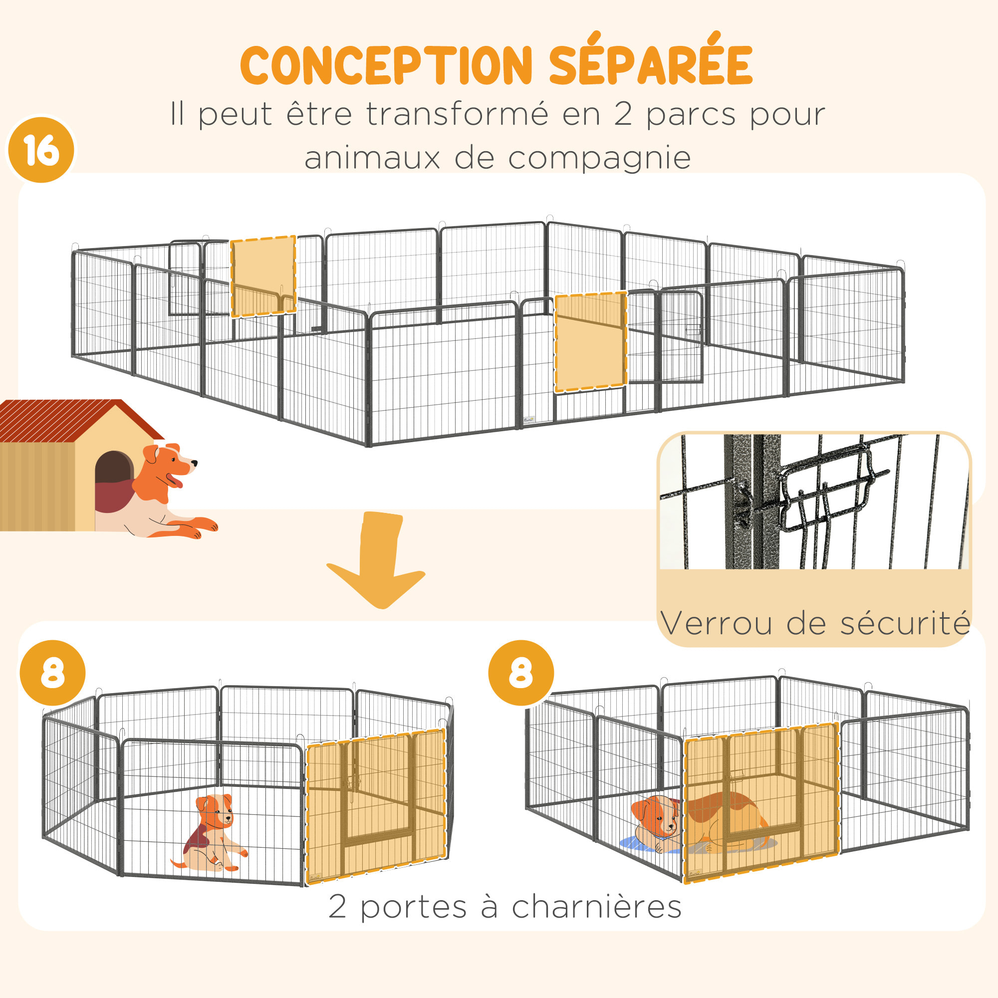 Parc enclos chien modulable pliable 16 panneaux H.60cm 2 portes verrouillables acier époxy gris moucheté