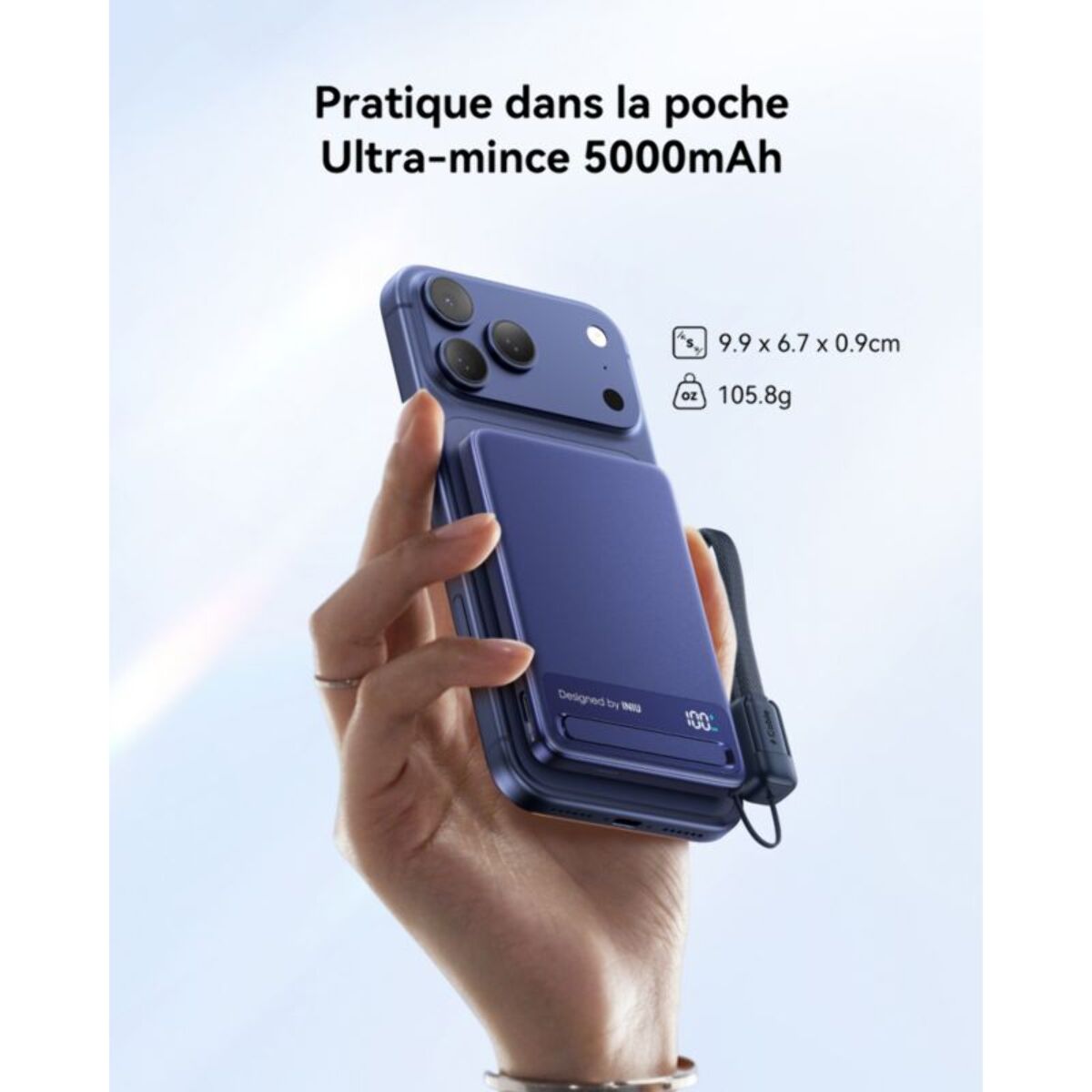 Batterie nomade INIU 5000 mAh magnet Qi2 MagPro slim bleu