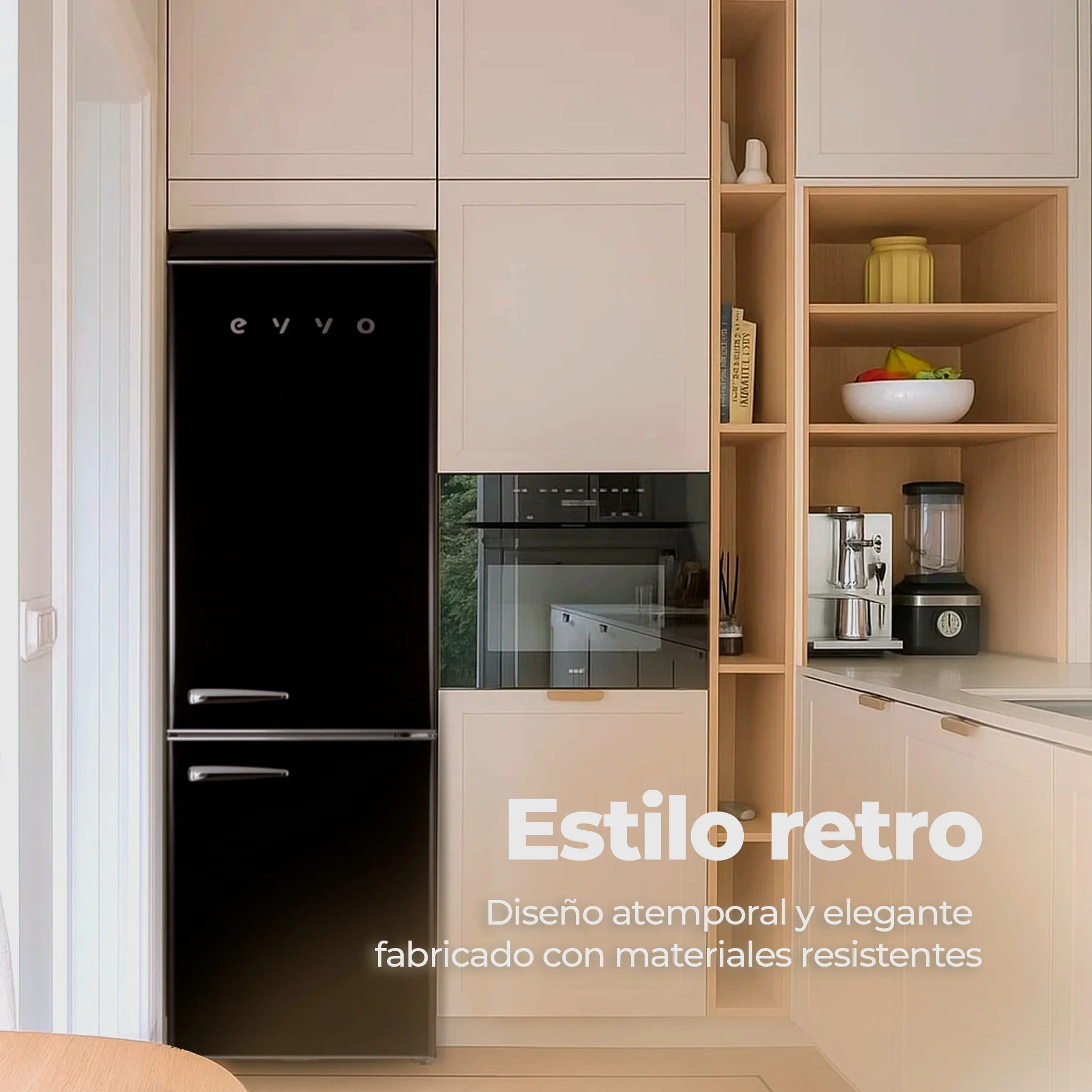 EVVO Frigorífico combi F55 Retro Negro, 216 L + 84 L, diseño vintage, Crisper Zone, Turbo Fan, silencioso