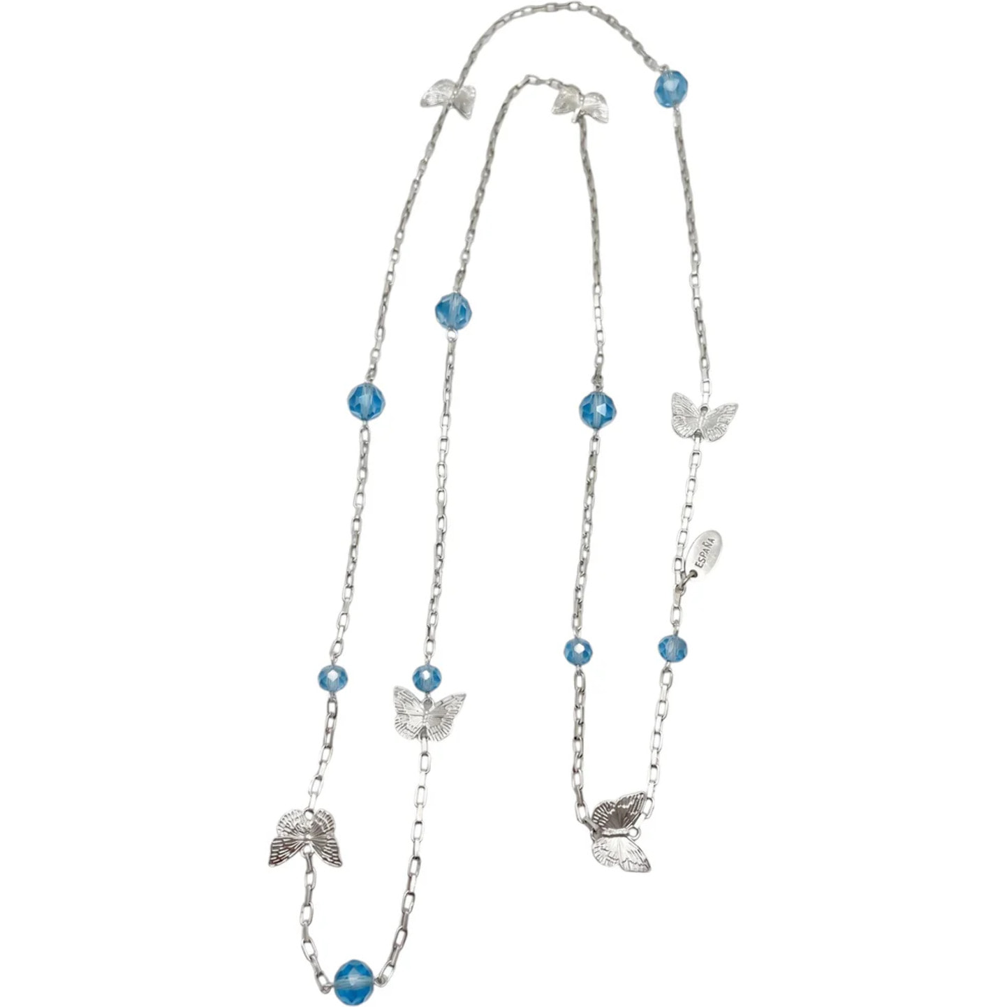Colar largo multiposición mariposas y cristal plata 10µ y azul