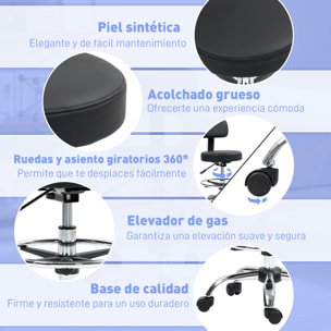 Taburete Giratorio, Taburete con Ruedas y Respaldo, Reposapiés, Altura Ajustable, Tapizado en Cuero Sintético, para Oficina, Dormitorio, Negro