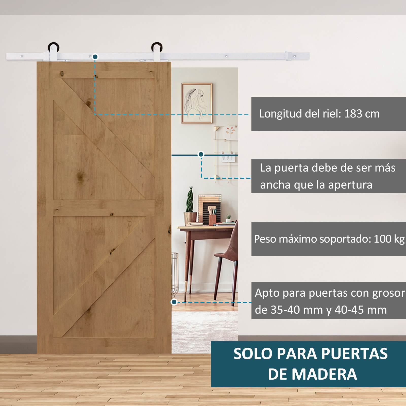 183 cm Herraje para Puerta Corredera Kit de Accesorios para Puerta Corrediza de Madera con Guía de Suelo Riel de Acero al Carbono Blanco