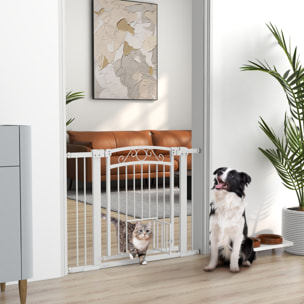 Barrera para Perros Puerta para Perros con Ancho Ajustable 76-104 cm Barrera de Seguridad para Perros con 2 Extensiones Doble Bloqueo y Puerta Pequeña para Escaleras y Puertas Blanco