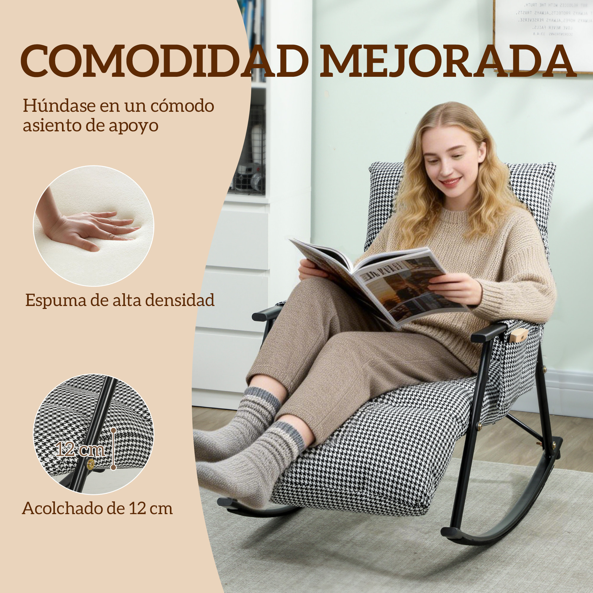 Silla Mecedora con Respaldo y Reposapiés Ajustables, Mecedora Sillón Balancín 105°, Tapizada en Lino, con Bolsillo Lateral y Marco de Metal, Carga 120 kg, para Dormitorio, Salón, Negro y Blanco