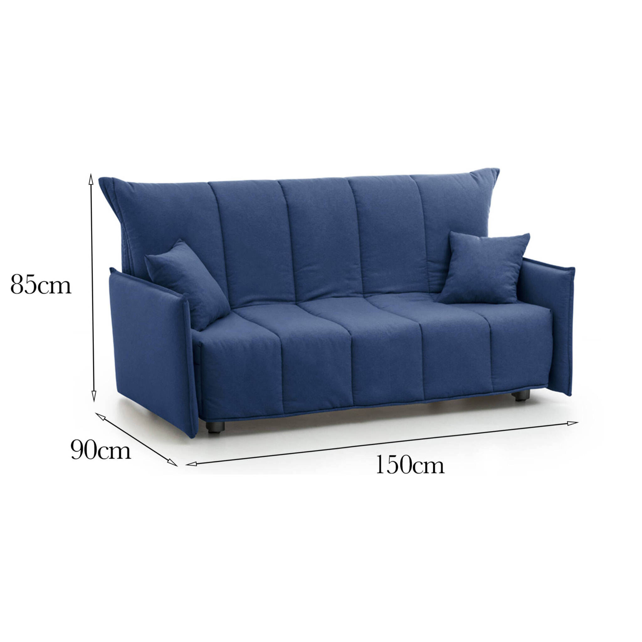 Divano letto 2 posti Alaric, Sofà con apertura a carrello in tessuto imbottito, Braccioli standard, 100% Made in Italy, Cm 150x90h85, Blu