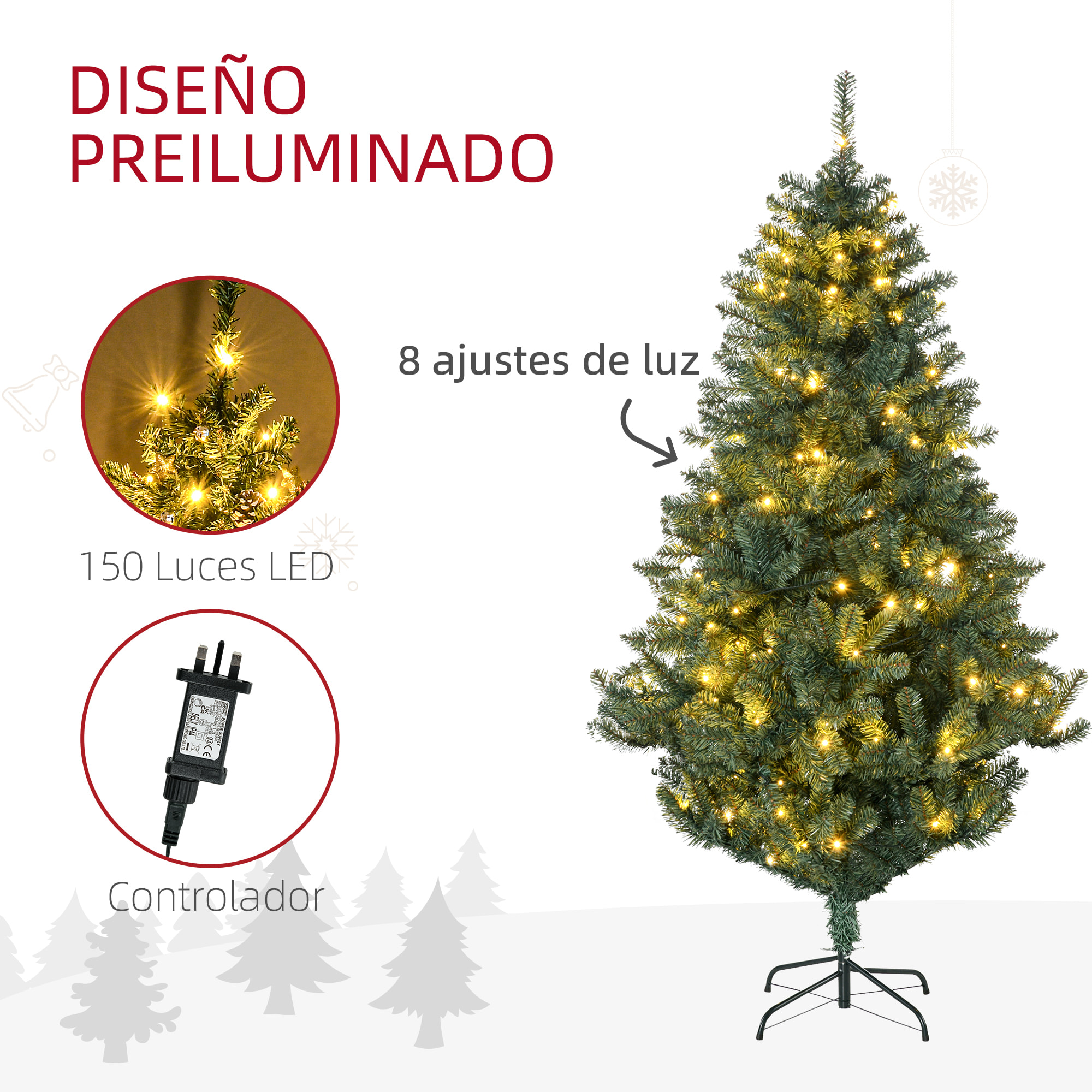 Árbol de Navidad Artificial 180 cm con 150 Luces LED Árbol con 8 Modos de Iluminación de Navideño con 650 Ramas y 100 Decoraciones Árbol Automático Acero Ø106x180 cm Verde