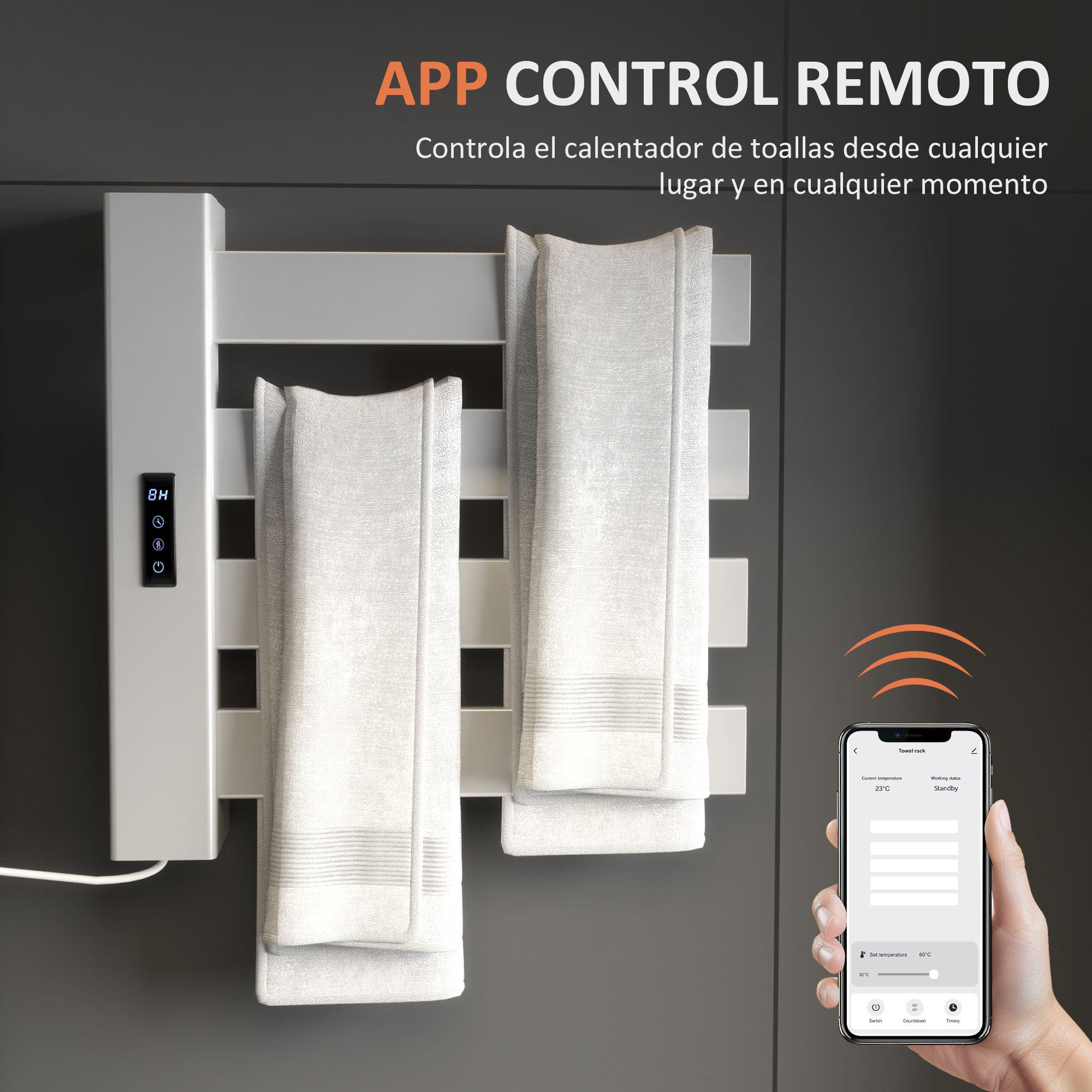 Toallero Eléctrico de Pared 130W Radiador Toallero Eléctrico de Aleación de Aluminio con Control WIFI Pantalla Táctil Temporizador 4 Barras Temperatura Ajustable Bajo Consumo IPX4 Blanco