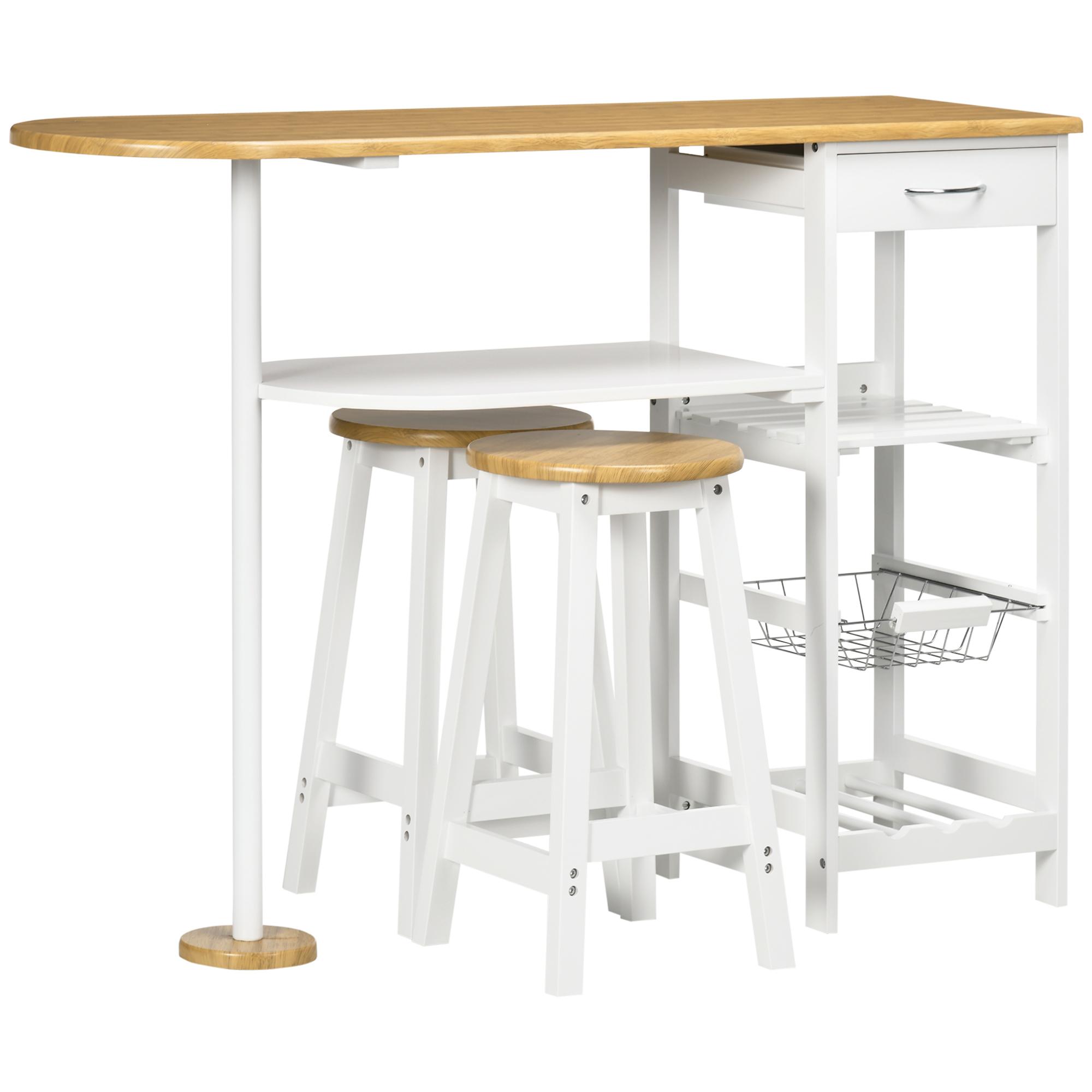 Set de Mesa de Bar con 1 Cajón 2 Estantes Cesta Extraíble y Botellero Juego de Muebles con Mesa Alta de 119x38,5x88,5 cm y 2 Taburetes de 29x29x55 cm para Comedor Cocina Blanco