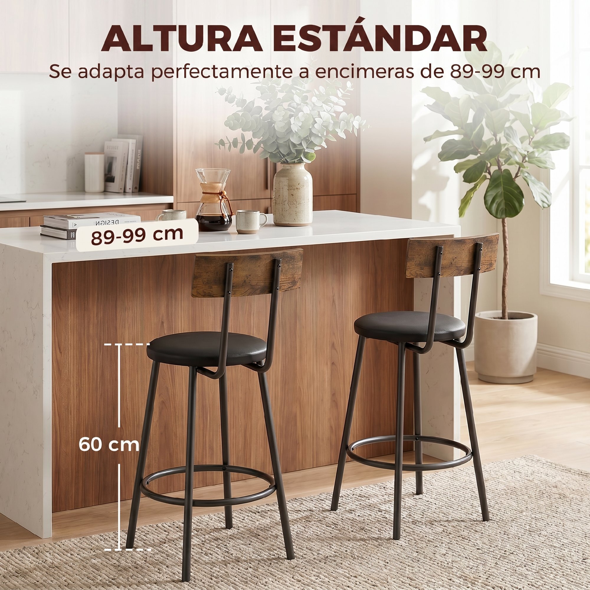 Juego de 2 Taburetes de Bar, Taburetes Altos de Cocina con Respaldo y Reposapiés, Tapizados en PU, Marco Metálico, Asiento de 60 cm de Altura, Negro