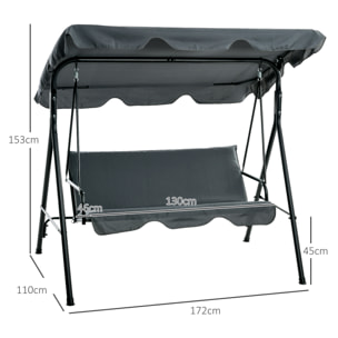 Columpio de Jardín Exterior de 3 Plazas, Balancín de Jardín Exterior con Techo Ajustable y Marco de Acero, para Balcón, Terraza, Patio, Carga 240 kg, 172x110x153 cm, Gris