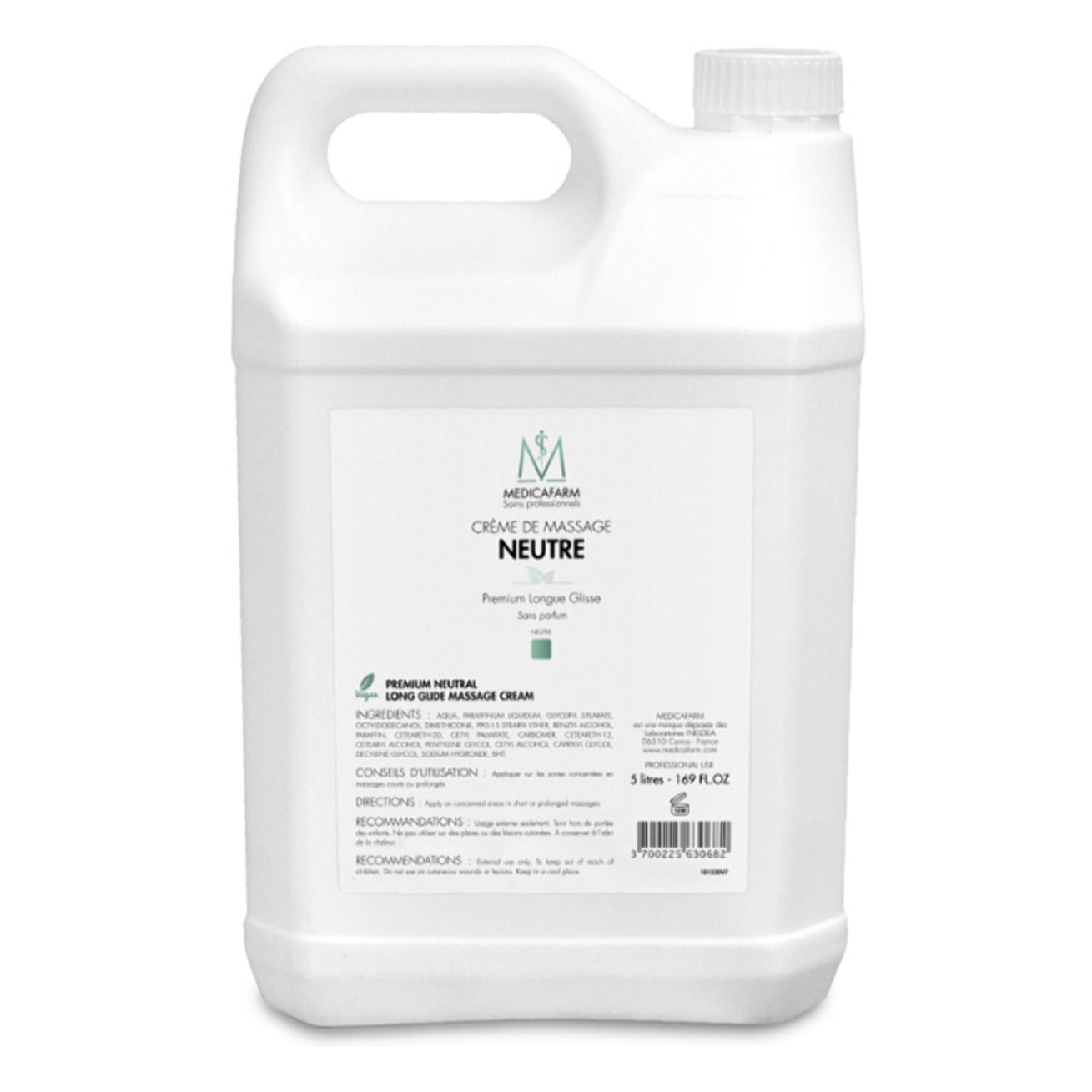 MEDICAFARM - Crème de massage premium longue glisse neutre - Qualité Professionnelle - Texture Fluide & Onctueuse - Respecte le PH Cutané - Sans Allergène ni Parfum - Marque Française - Flacon 1L