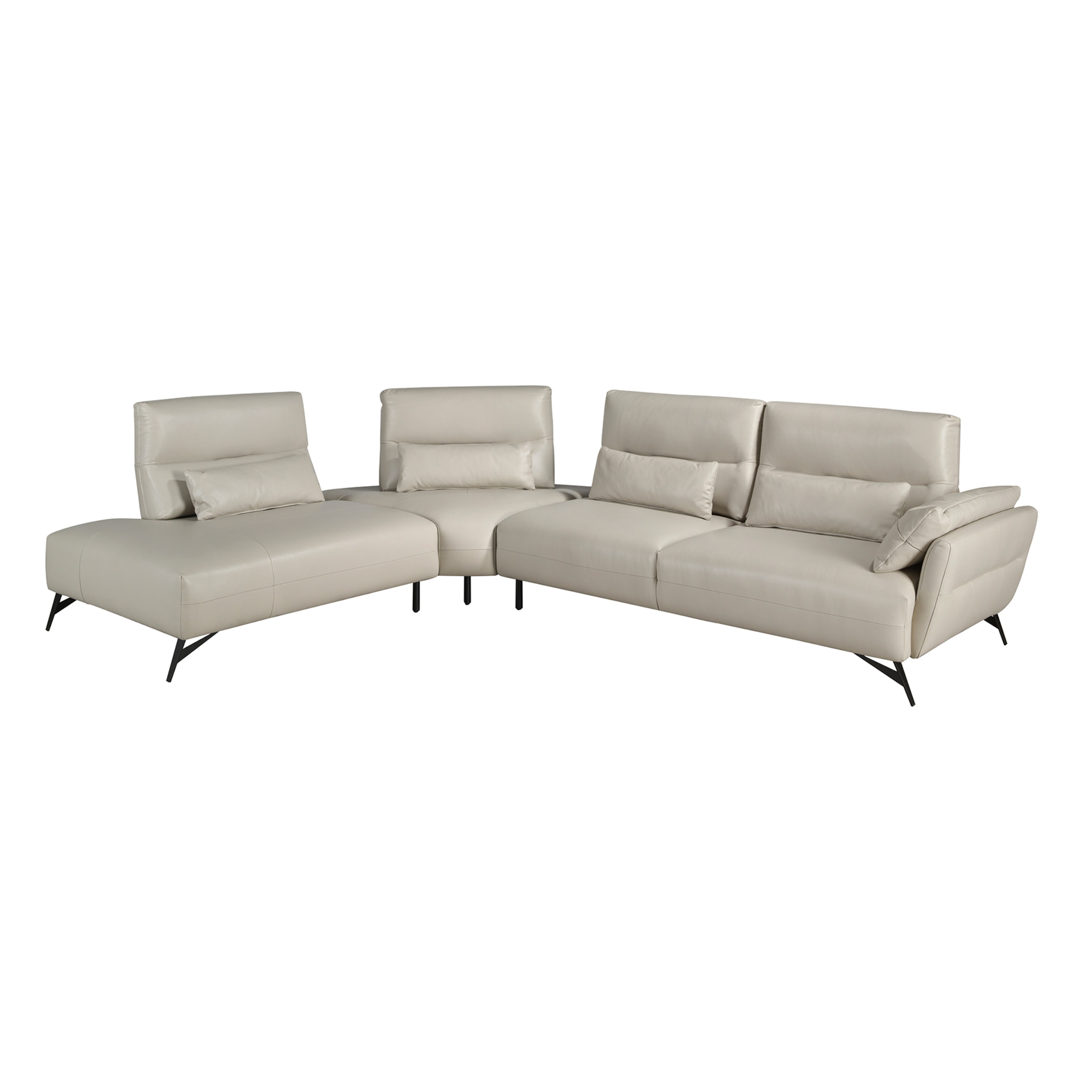 Sofá chaise longue Angel Cerdá izquierda de 5 plazas tapizado en piel de origen vacuno en arena patas de acero inoxidable en negro 341x254x94cm