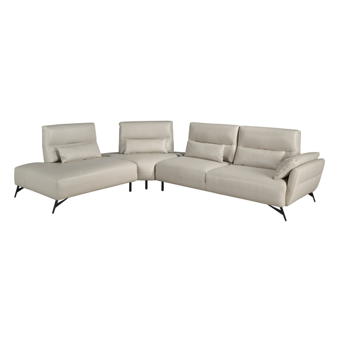 Sofá chaise longue Angel Cerdá izquierda de 5 plazas tapizado en piel de origen vacuno en arena patas de acero inoxidable en negro 341x254x94cm
