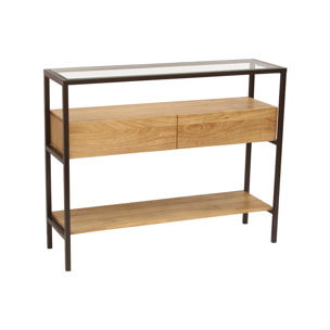 Console en bois clair manguier massif et plateau en verre 2 tiroirs L100 cm SITA