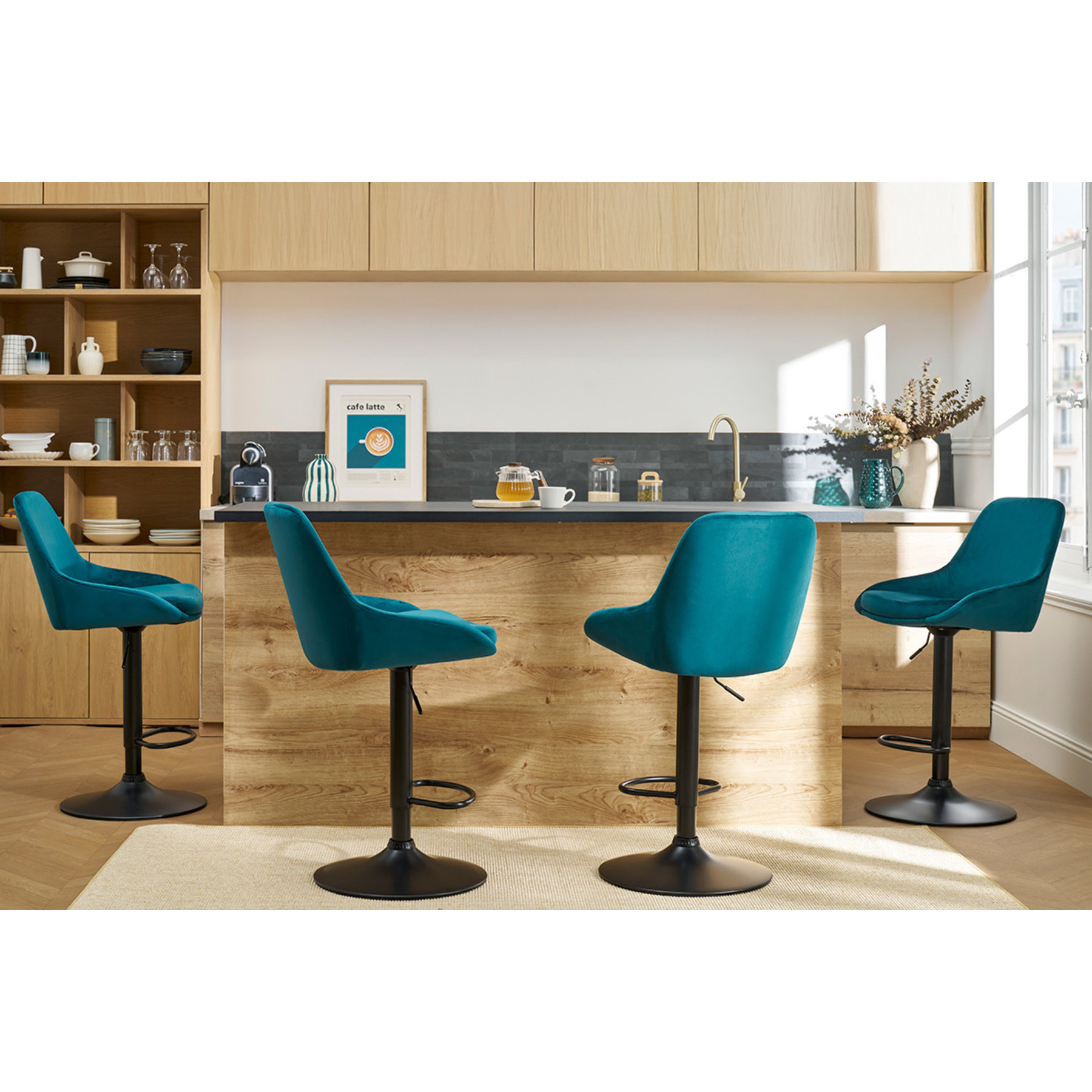 Tabourets de bar design réglables velours bleu pétrole (lot de 2) HOLO