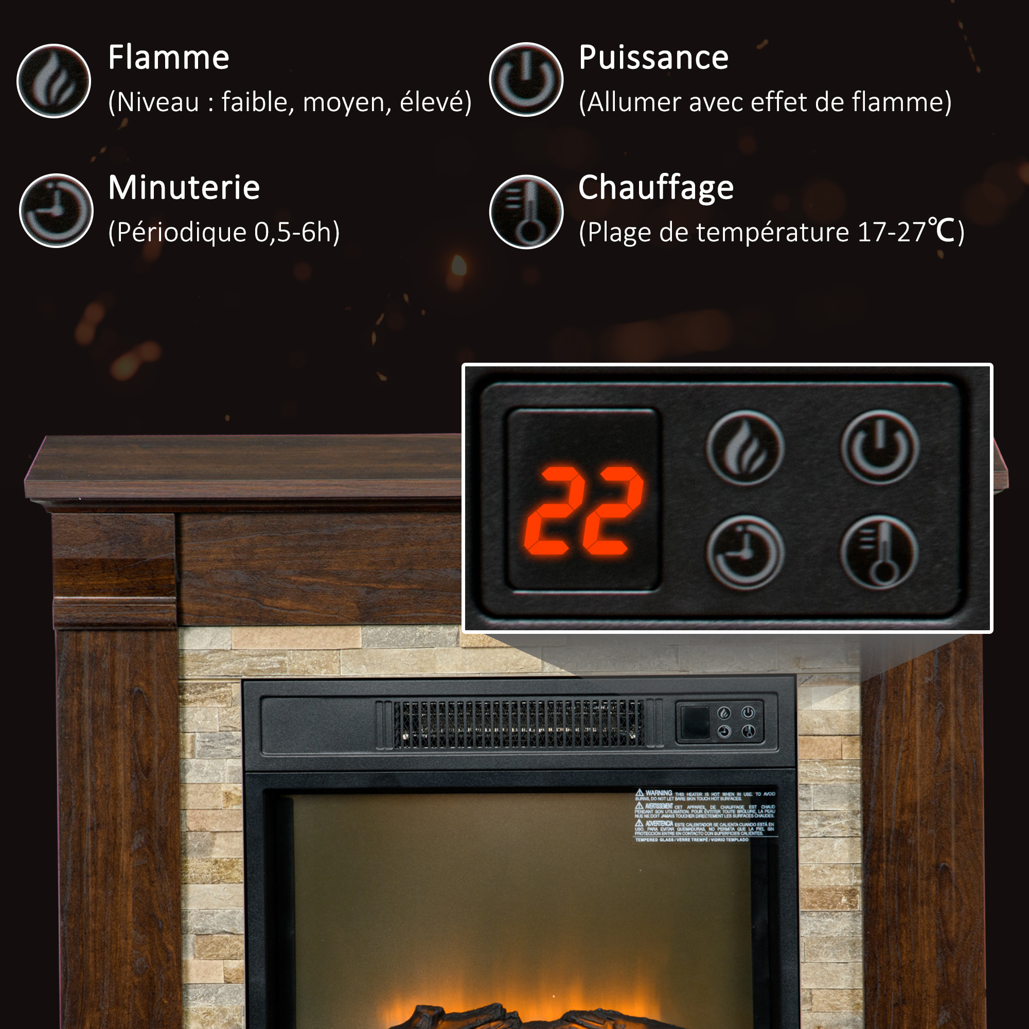 Cheminée électrique 1800W design ranch effet bois foncé et pierre parement télécommande