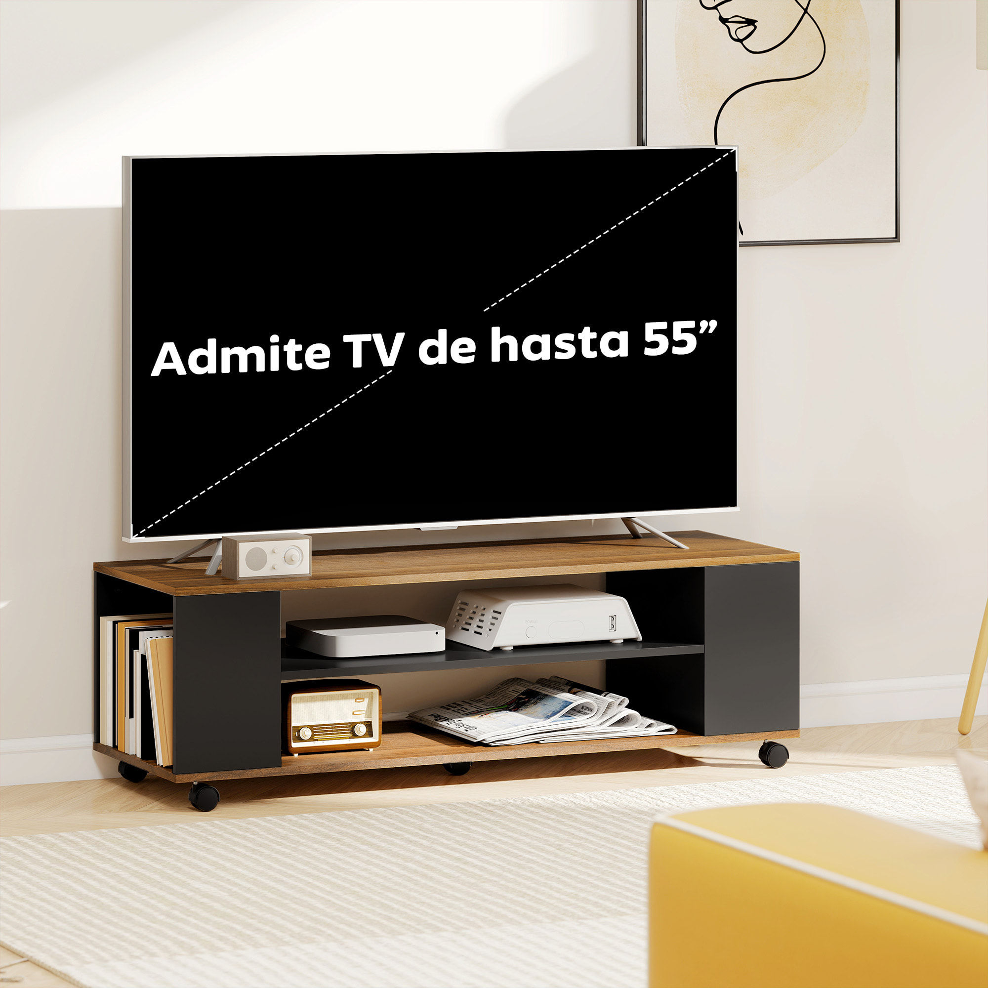 Mueble de TV con Ruedas, Mesa de TV Suspendido o de Pie, para Salón, con 4 Estantes Abiertos, para Televisión de 55 Pulgadas, Estilo Moderno, 120x40x38,5 cm, Nogal y Negro