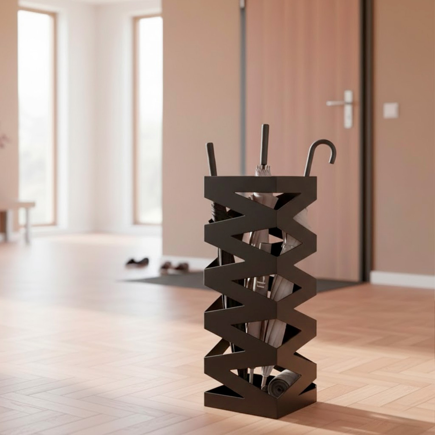 Portaombrelli In Acciaio Zincato Con Intarsi Decorativi Vaschetta Scolapioggia 2 Ganci Removibili Base Antiscivolo 49 x 15.5 x 15.5 Cm Nero