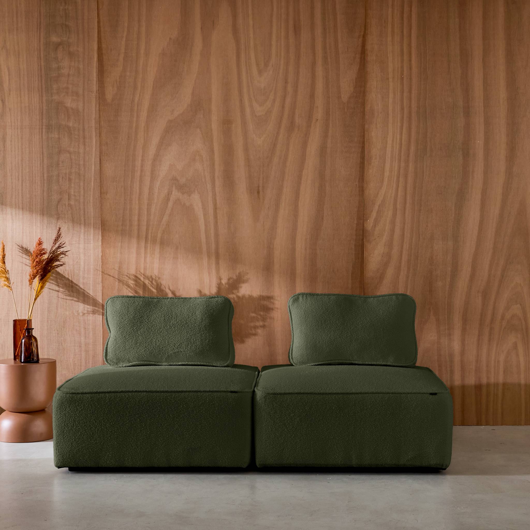 Lot de 2 chauffeuses pour canapé modulable tissu bouclette kaki 1 place Bao. L 90 x P 90 x H 74cm