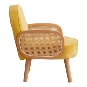 Poltrona design vintage con braccioli rattan ocra - Doris