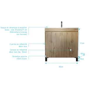 Meuble de salle de bains 60 cm TIMBER - Décor Chêne Naturel à portes avec Vasque céramique blanche