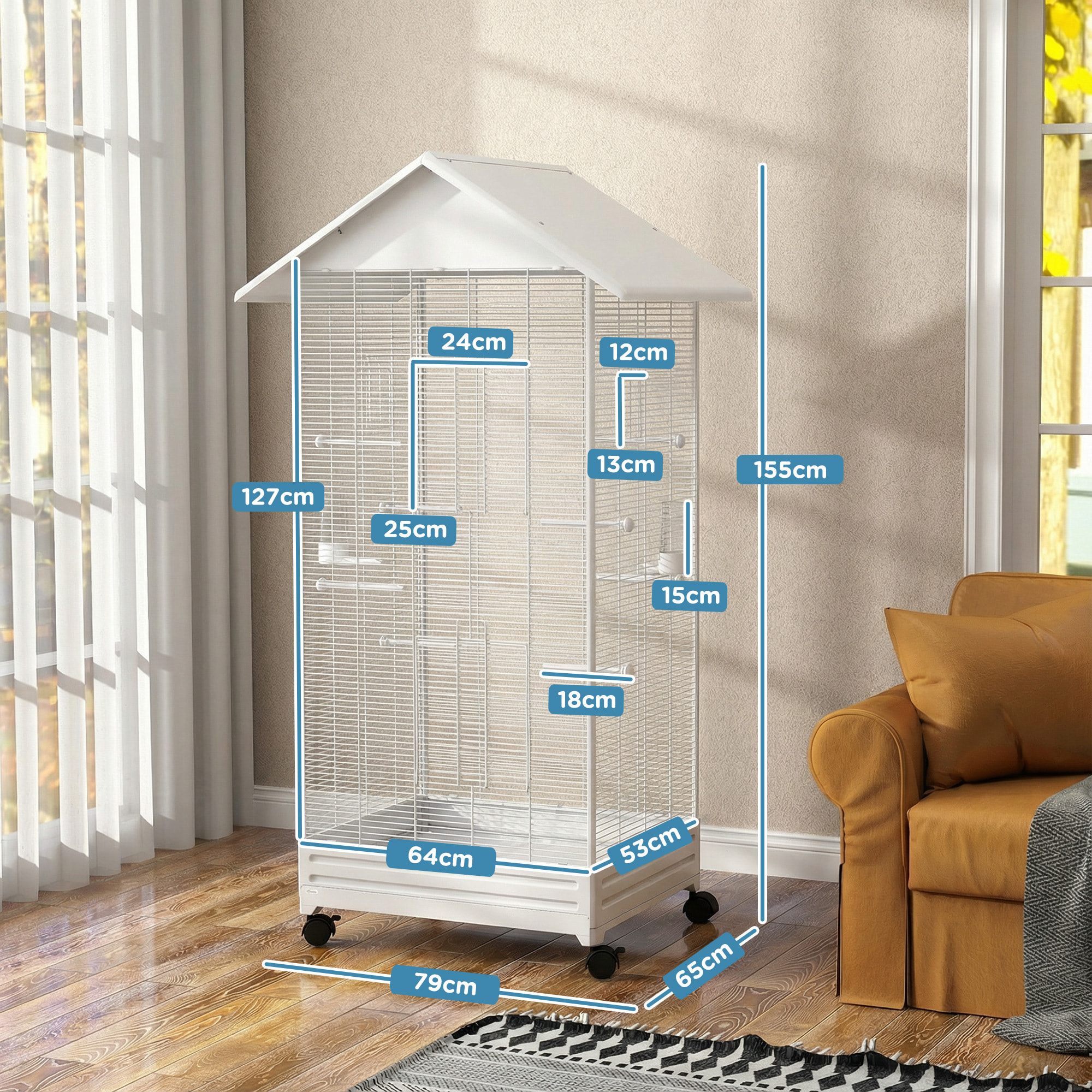 Jaula para Pájaros con Ruedas, 79x65x155 cm, Jaula Grande con 2 Comederos, 8 Perchas, 4 Puertas y Bandeja Extraíble, Diseño del Techo, Pajarera para Pinzones y Canarios, Blanco