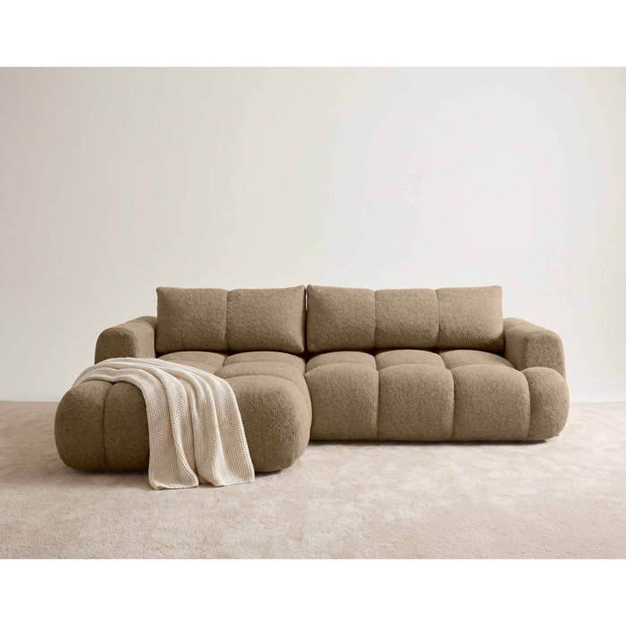 Yulin - Canapé d'angle gauche 4 places convertible avec coffre en tissu bouclette - Marron