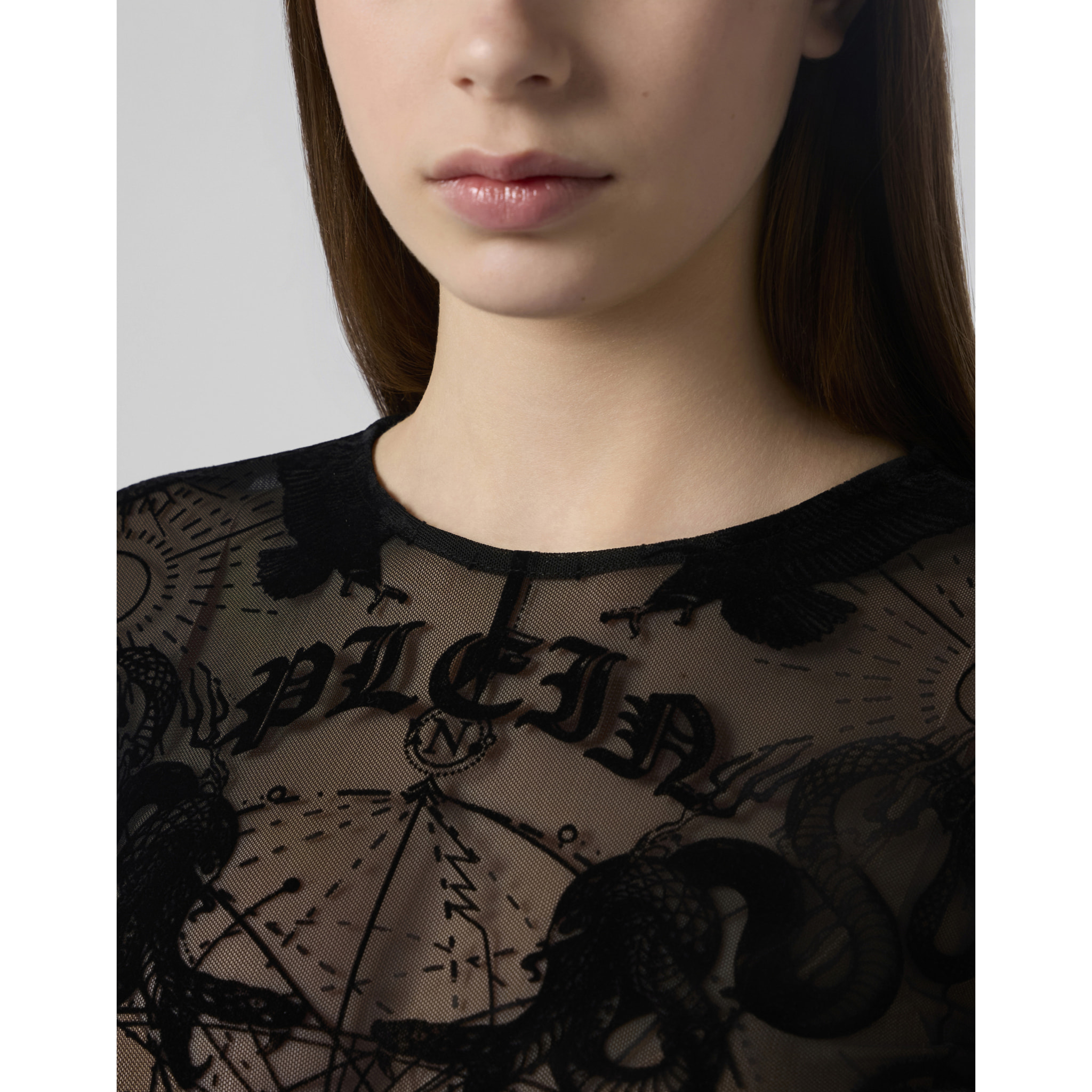 PHILIPP PLEIN Long Sleeve Bodysuit Flock Butterfly Tattoo