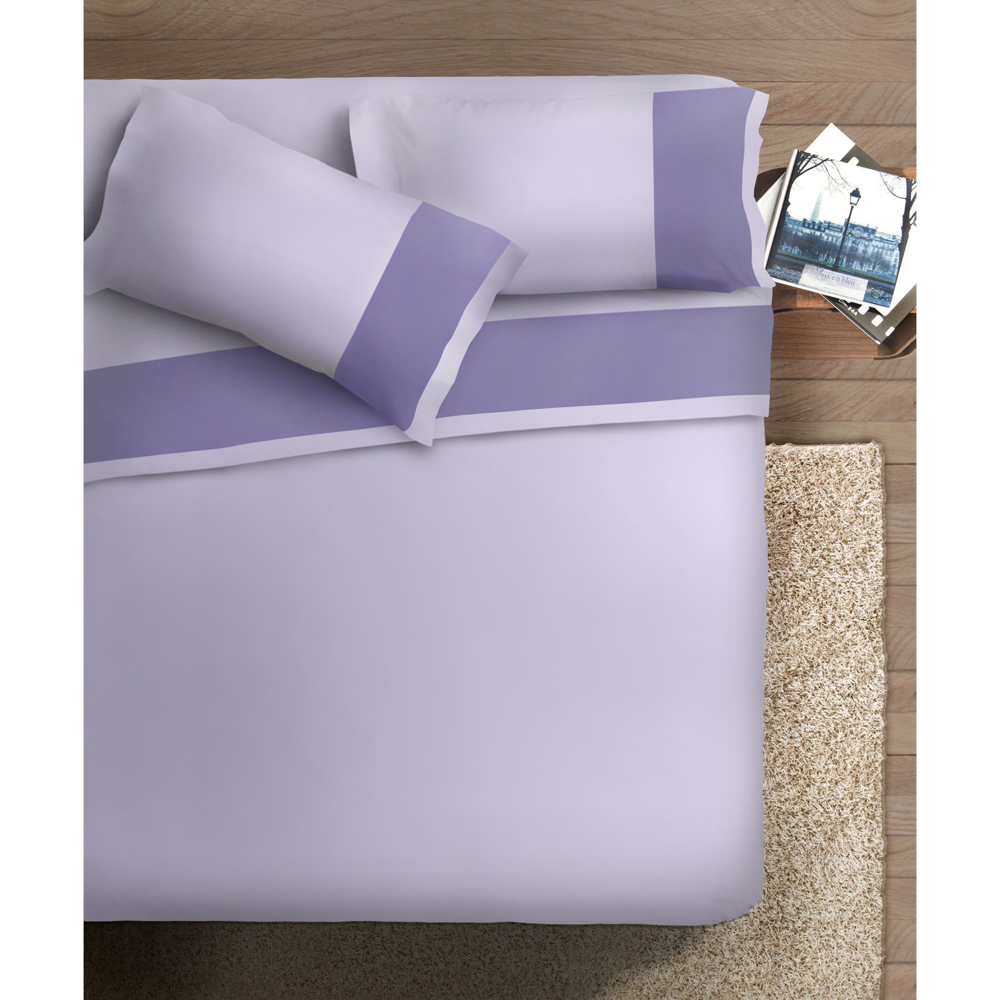 Completo letto bordo RASO IPERSAN Puro Cotone Viola fondo Glicine