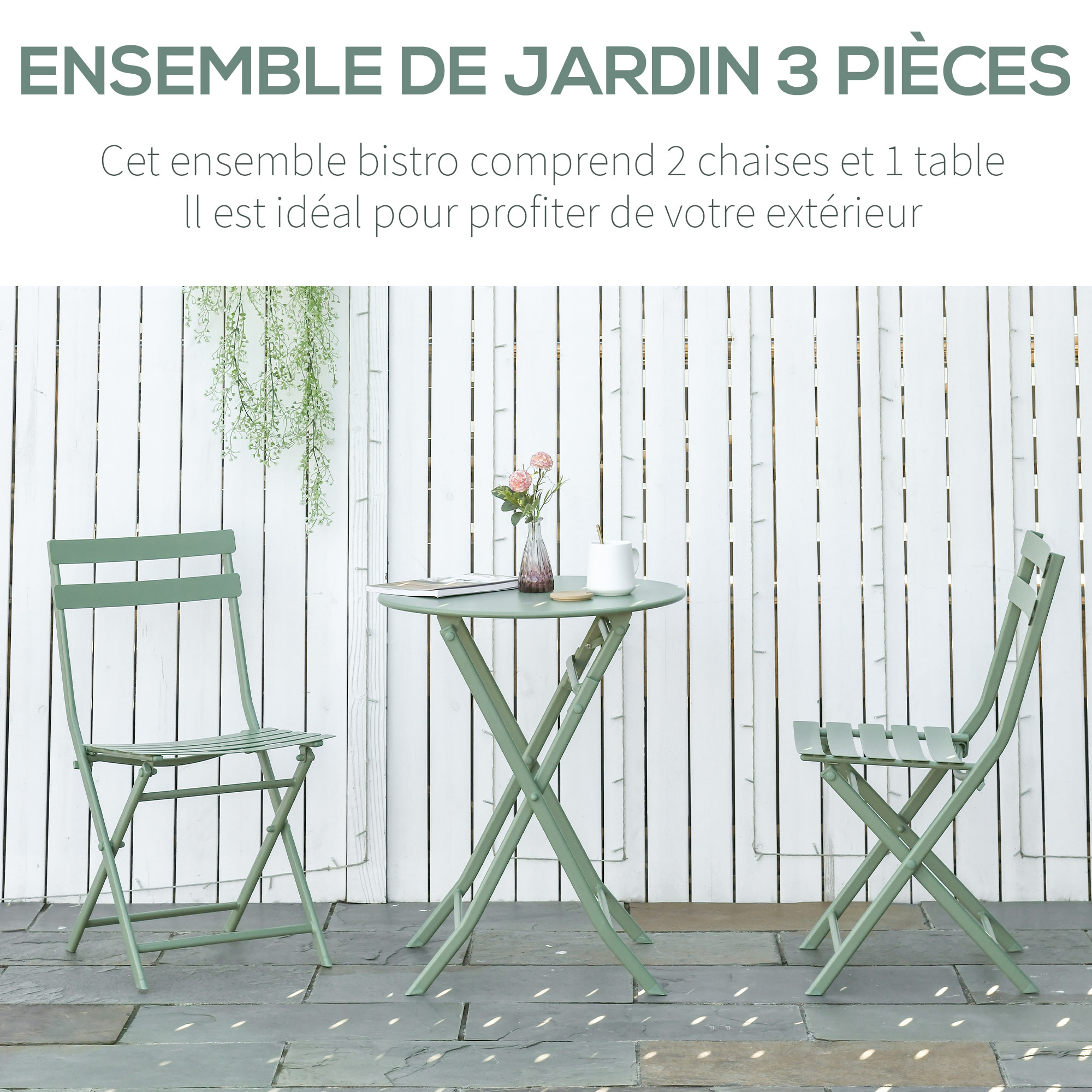 Salon de jardin bistro pliable - table ronde Ø 60 cm avec 2 chaises pliantes - métal thermolaqué vert d'eau