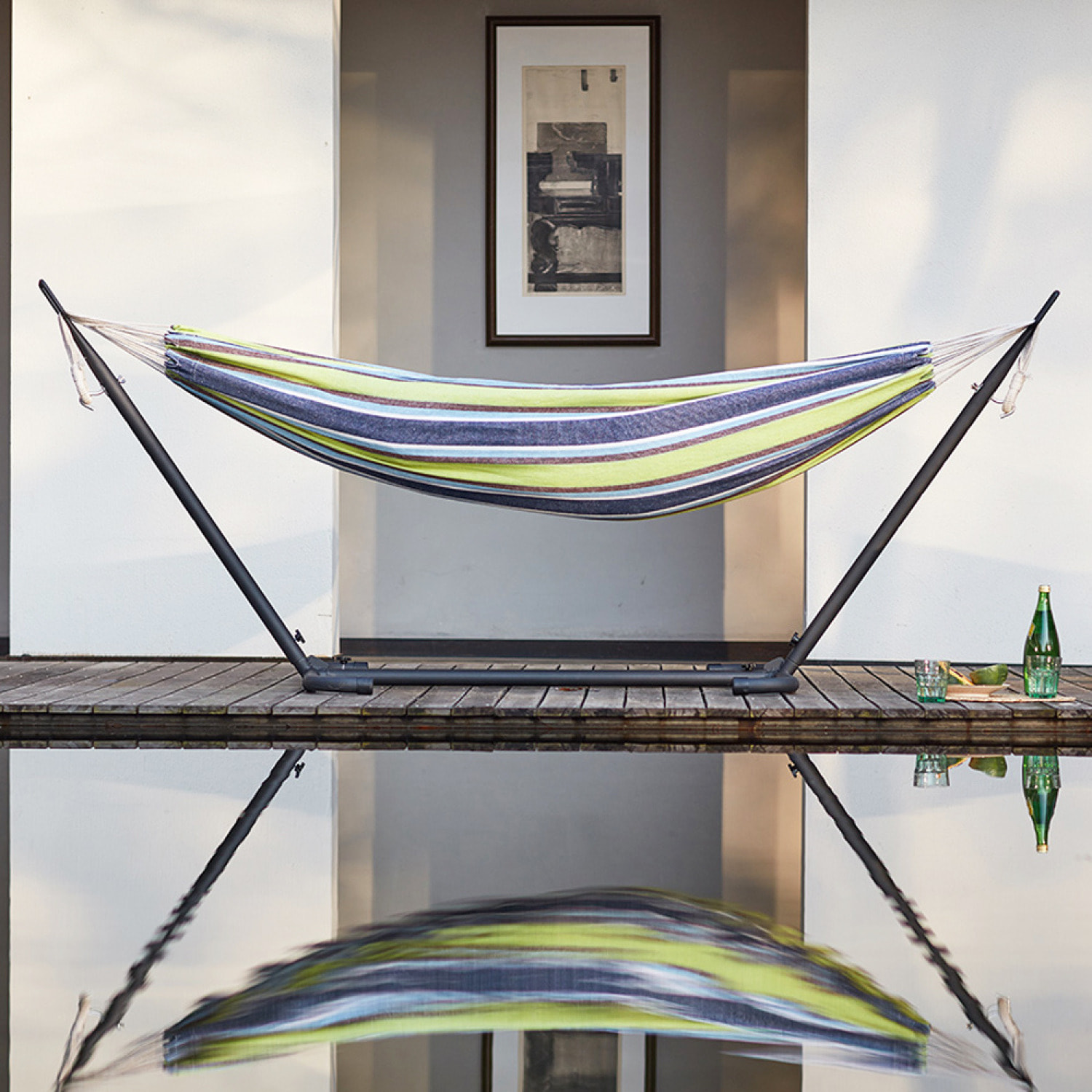 Hamac sur pied 2,6 m avec toile en polyester bleu et vert SAGUEDO