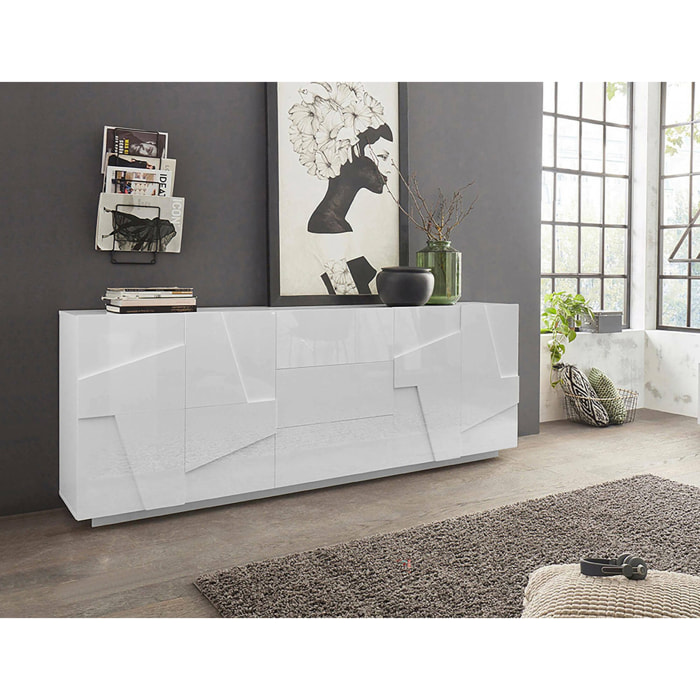 Credenza moderna a 4 ante e 3 cassetti, Made in Italy, Madia da cucina con dettaglio, Buffet di design da soggiorno, cm 224x44h86, colore Bianco lucido