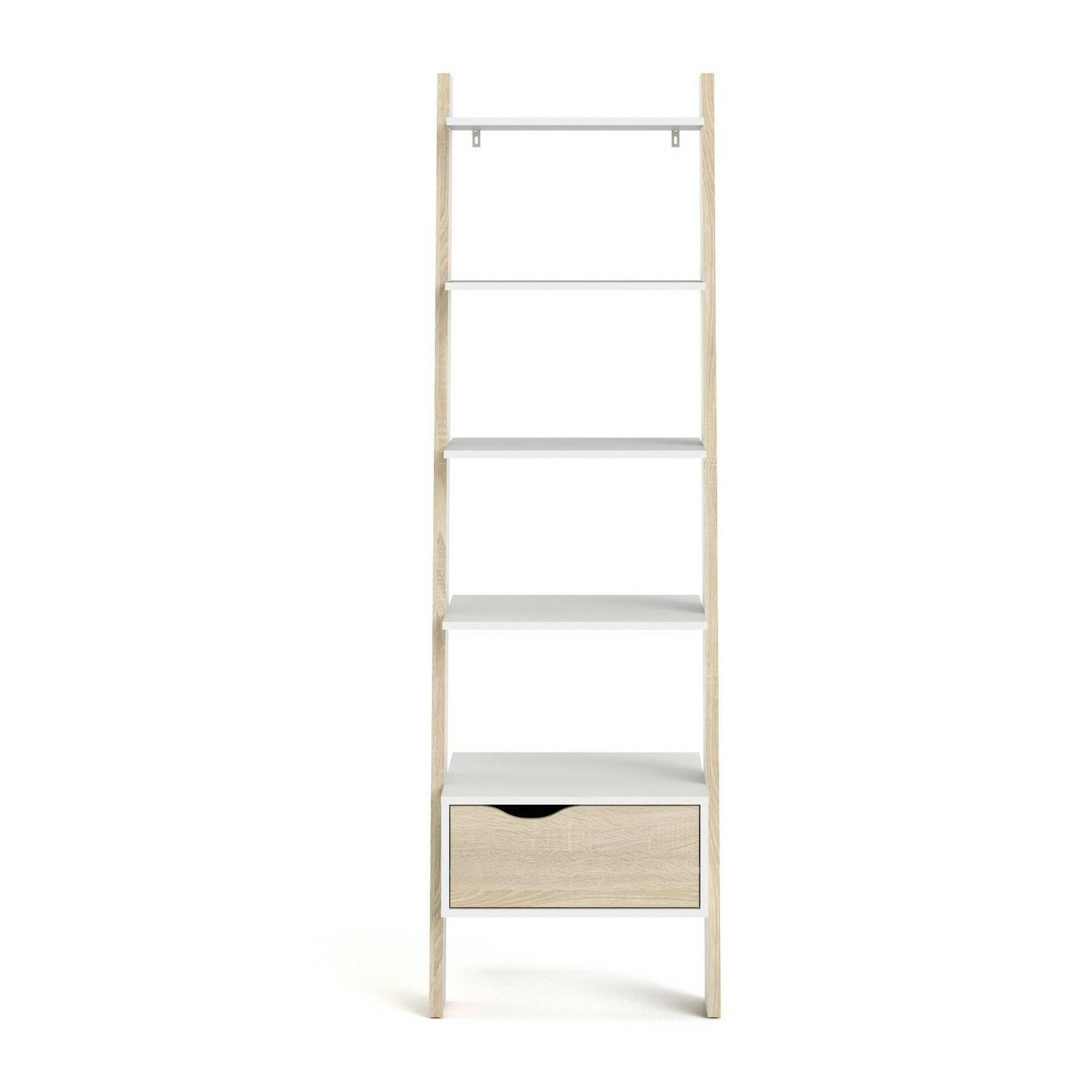 Libreria con un cassetto e quattro ripiani, colore bianco e rovere, cm 55 x 180 x 48.