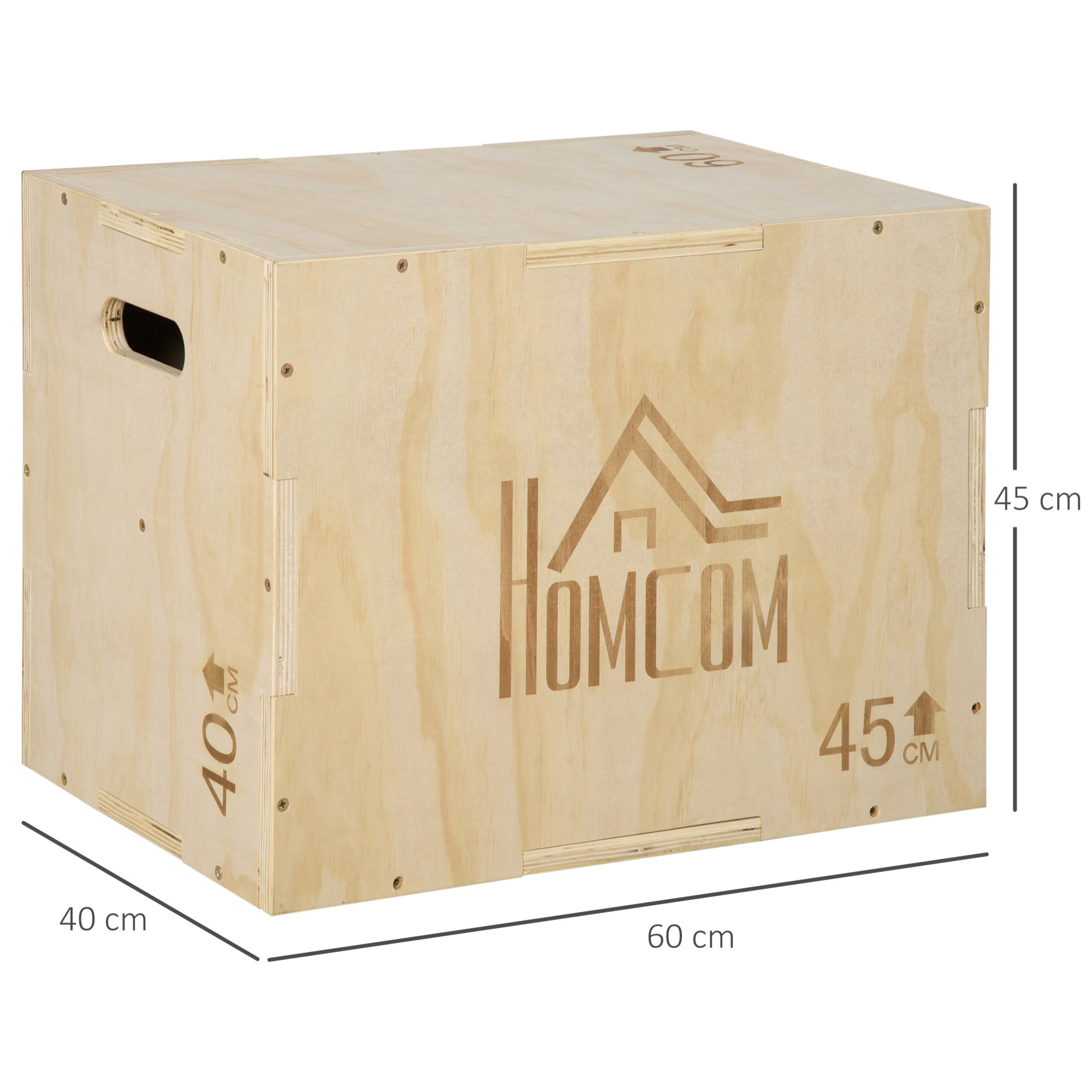 Caja Pliométrica de Madera 3 en 1 Caja de Salto con 2 Mango Hueco Entrenamiento de Fuerza en Casa Oficina Gimnasia CrossFit Carga 120 kg 45x40x60 cm Madera Natural