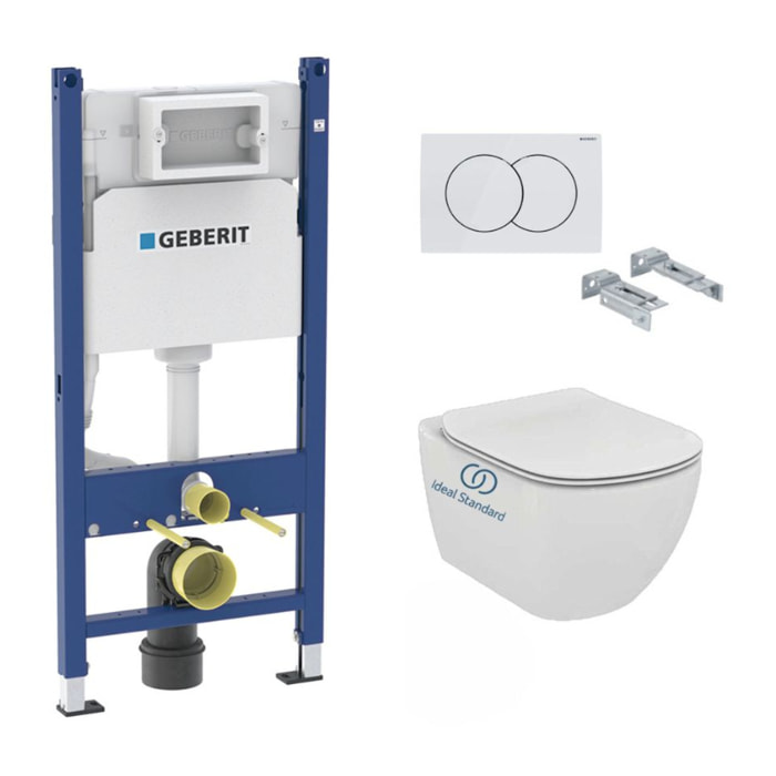 Pack WC Bati-support Geberit Duofix + Cuvette Ideal Standard Tesi Aquablade + Plaque blanche (TesiGeb3-RT)