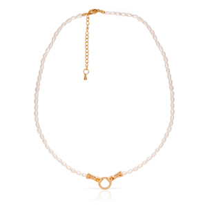 Fides Set de pulsera y collar a juego de perlas naturales con adorno central con diseño de anillo en manos.