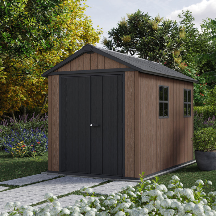 Newton + 759/975 - Casetta da Giardino 287x246z230 cm 2 Ante per deposito attrezzi finitura effetto legno Evotech+ in Resina Marrone e Nero